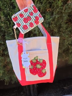 Beaded Strawberry Tote with Cherry Wristlet